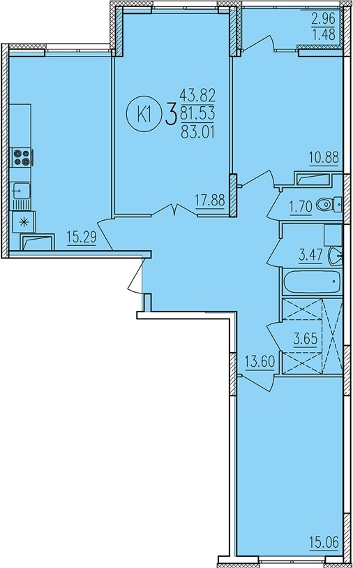 3 комнатная 83,01 кв.м. (ЖК “Аристократ”)